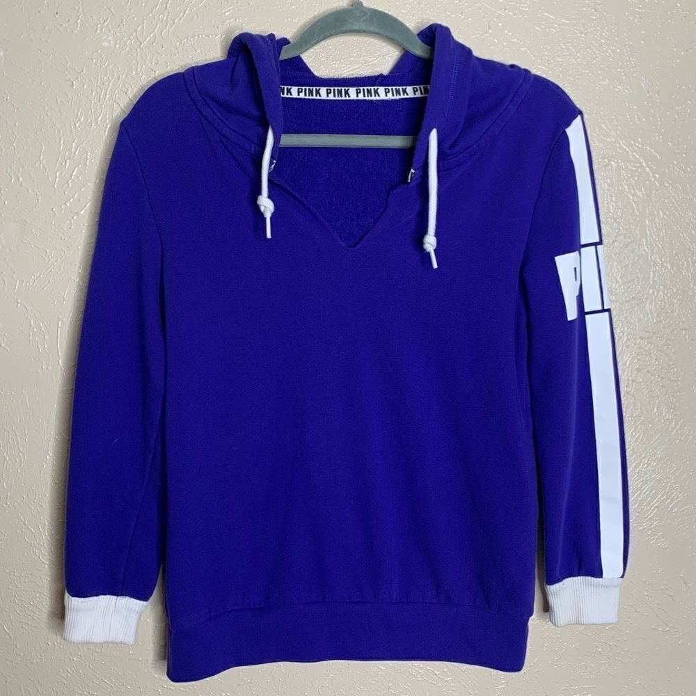 PINK crop sleeve‎ v neck pullover hoodie indigo